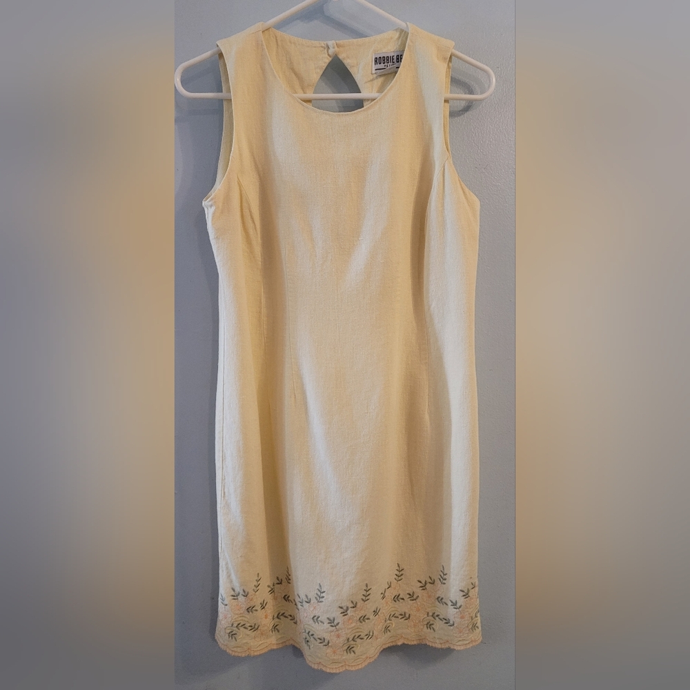 Robbie Bee petite 8P Linen blend lined cream floral embroidered dress sleeveless